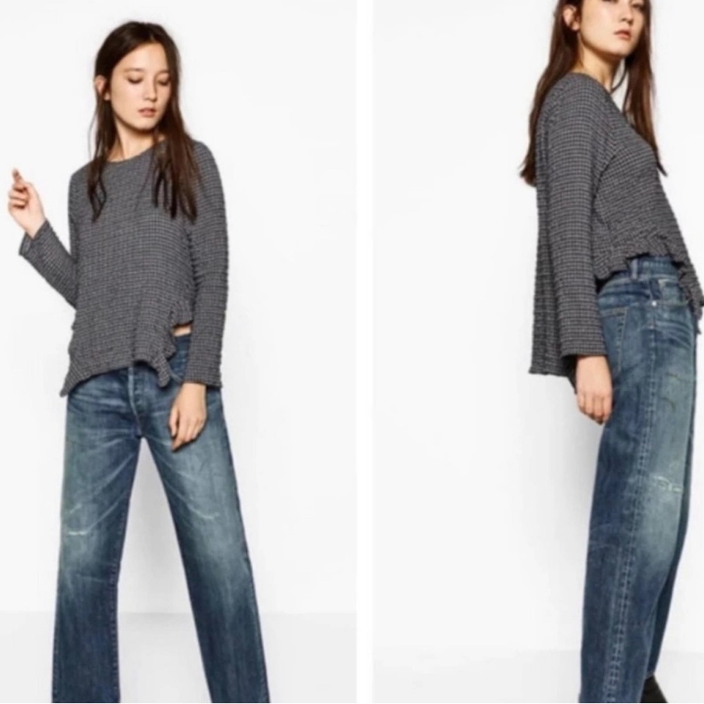 Zara Woman Gingham Check Ruffled High Low Long Sleeve Top Gray Crinkled S - Picture 3 of 9